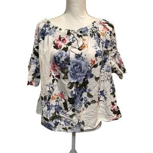 Hester &‎ Orchard Women's XL Linen Blend Floral Peasant Blouse Off Shoulder
